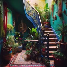 an indoor staircase with plants and potted plants on the steps leading up to it