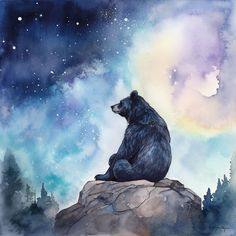 a painting of a bear sitting on top of a rock under the stars and clouds