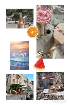 a collage of photos with the words summer written on them and pictures of beach items