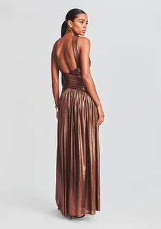 Step into style in our Salem Dress. This floor length dress features a keyhole neckline, pleated detailing throughout, and metallic finish. Shown here in Chocolate. 95% Polyester, 5% Spandex Made in China Model is 5'11" wearing size S Style No. FW23-7572 Australia Clothes, Evening Dress Collection, Floor Length Dress, Keyhole Neckline, Strapless Gown, Metallic Dress, Floor Length Dresses, Formal Evening Dresses, Dress Collection