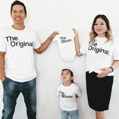 The Original The Remix The Encore® matching family set shown with pure white shirts. These amazingly soft tees are perfect for family vacations, family photo shoots, baby shower gifts, and the cutest most unique pregnancy and birth announcements! See details of quality and fit below. HOW TO PURCHASE: **Select each item you need from the drop down and add to cart** WHEN WILL MY ORDER SHIP?: * Our processing time is 7-10 business days, unless stated otherwise in the listing. This is time allotted Cheap Family Matching Onesie For Spring, Family Photos Bodysuit, Summer Pullover, Announcement Ideas, Pregnancy Announcement Shirt, Baby Reveal, Family Vacations, Tie Dye Sweatshirt, Family Set