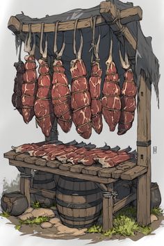 some meat hanging from a wooden stand