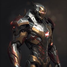 an iron man standing in front of a dark background with red light coming from his chest