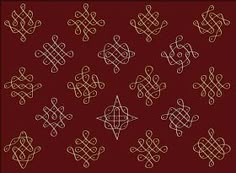 a set of nine different types of knots on a red background with gold outlines