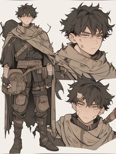 three different poses of an anime character with black hair and dark skin, wearing armor