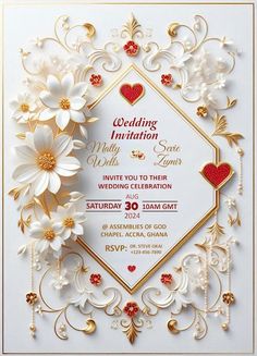 wedding card with flowers and hearts on it