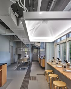 an empty room with several tables and stools