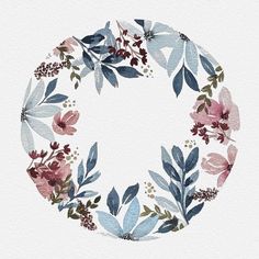 a watercolor painting of flowers and leaves in a circle