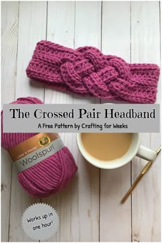 the crocheted pair headband is next to a cup of coffee and knitting needles