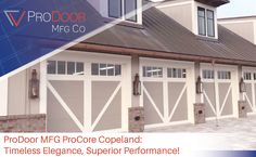 an advertisement for the pro door company shows two garages with windows and doors on each side