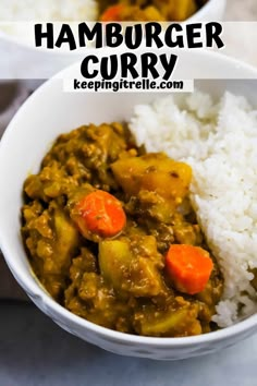 two white bowls filled with food and rice on top of a wooden table in front of the words hamburger curry