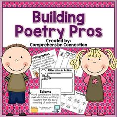 a pink and white poster with two children on it that says building poetry pros