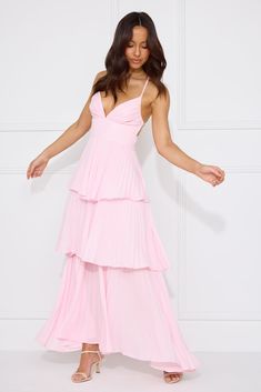 Length from bust to hem of size S: approx. 113cm. Chest: 36cm, Waist: 32cm, across front only of size S. Maxi dress. Semi-lined. Model is a standard XS and is wearing size XS. True to size. Non-stretch. Pleated design. Tiered flowy skirt. V-neck. Crisscross tie-up back. Elastic back. Zipper. Cold hand wash only. Polyester. Channel your classy side in the Fashionably Ever After Maxi Dress. Featuring a pleated design, a tiered frill skirt and a crisscross tie-up back. Style with heels for a fancy Fancy Event, First Day Outfit, Frill Skirt, Bridal Shower Dress, Maxi Dress Prom, Shower Dresses, Maxi Dress Wedding, Long Sleeve Lace Dress, Pink Maxi Dress