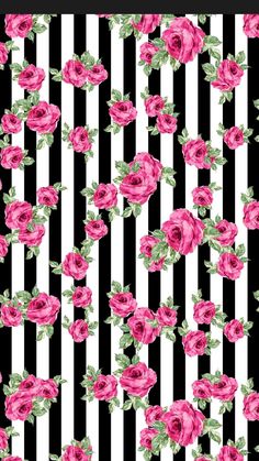 a black and white striped background with pink roses on the bottom half of it,