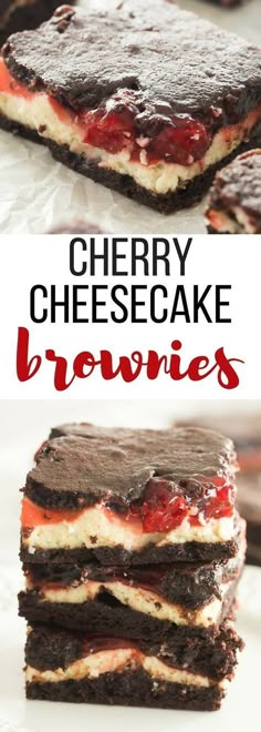 chocolate cherry cheesecake brownies stacked on top of each other with the title in the middle