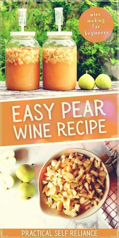 two jars filled with wine next to an apple and some other fruit on a table