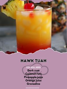 🌴🍹 Experience tropical bliss with a Hawk Tuah cocktail! #TropicalDrinks #ExoticFlavors Hawk Tuah Ingredients: Dark rum (1 oz) Coconut rum (1 oz) Pineapple juice (2 oz) Orange juice (2 oz) Grenadine (1/2 oz) Ice (for shaking) Pineapple slice (for garnish) Cherry (for garnish) Instructions: Combine dark rum, coconut rum, pineapple juice, orange juice, and ice in a shaker. Shake well and strain into a glass. Add grenadine for a colorful layer. Garnish with a pineapple slice and cherry. 🍍🍒 En... Bumbu Rum Cocktails, Dark Liquor Drinks, Jamaican Rum Punch Recipes, Malibu Rum Drinks, Rum Punch Recipes, Happy Drink