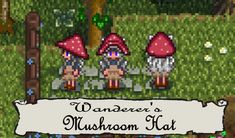 an image of two mushrooms in the grass with a sign that says, wankeee's mushroom isle