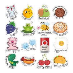 an assortment of stickers with different types of food