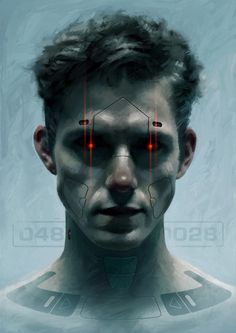 a digital painting of a man's face with red lines on the upper half