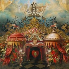 a painting of a circus tent surrounded by flowers and other things that are in the background