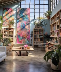 a living room filled with furniture and lots of plants