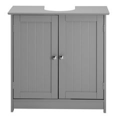 a gray cabinet with two doors on it