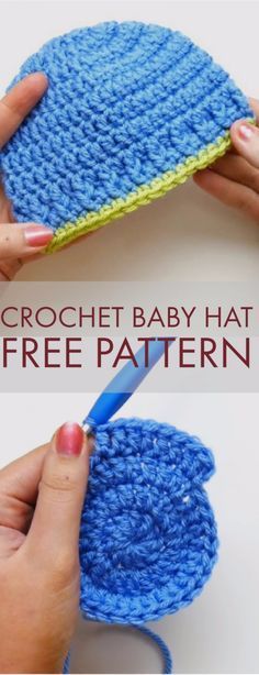 the crochet baby hat is being worked on by someone using a knitting needle