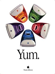 a poster with the words yum and four different colored objects in front of it