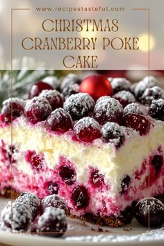 christmas cranberry poke cake on a white plate