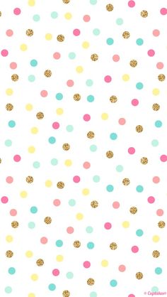 colorful polka dot wallpaper with gold glitter dots on white background, pastel colors