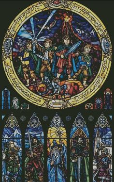 a stained glass window in the shape of a circle with knights and knights on it