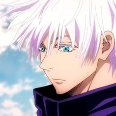 a man with white hair and blue eyes stares into the distance while standing in front of clouds