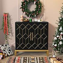 a living room decorated for christmas with ornaments and decorations on the floor, including a black cabinet