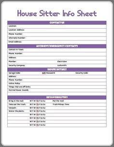 the house sitting information sheet is shown in purple and white, as well as an image of