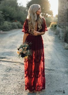 Boho V-neck Sleeveless Dress - Wine red / S Short Sleeve Long Dress, Side Split Maxi Dress, White Maxi Dress Boho, Sleeve Long Dress, White Lace Maxi Dress, White Lace Maxi, Boho Romper, Split Maxi Dress, Alessandra Ambrosio