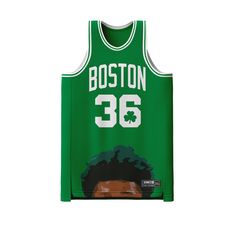 boston basketball jersey hanging on the wall with an image of a man's face