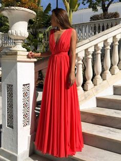 Red V-neck Maxi Dress For Prom, Red Flowy Floor-length Dress, Red Flowy V-neck Dress, Red V-neck Chiffon Dress, Red Chiffon Floor-length Dress, Red V Neck Dress, Prom Dresses Under 100, Red Formal Dresses, Prom Dresses 2020