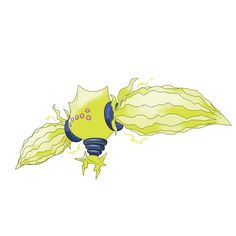 a yellow and blue object is flying through the air