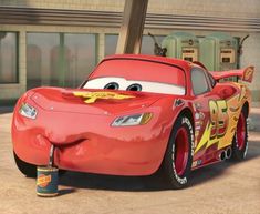 the cars are painted red and yellow in this scene from disney's cars movie