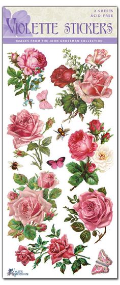 pink roses and butterflies stickers on a white background with the words violet stickers