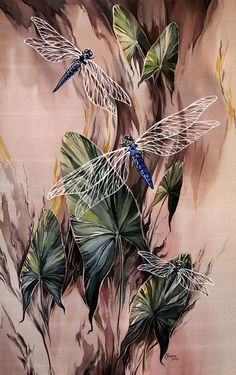 a painting of three dragonflies flying over leaves