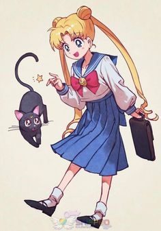 an anime character is holding a black cat and looking at the camera while wearing a blue dress