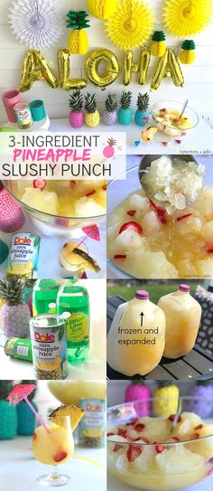 pineapple slushy punch collage with pineapples and flowers in the background