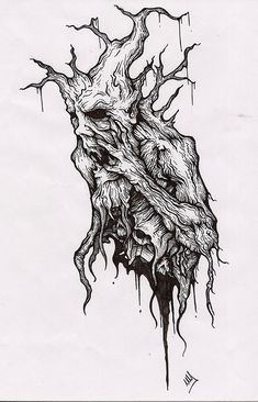 a black and white drawing of a tree with roots growing out of it's trunk