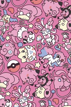 an image of many cartoon animals on a pink background