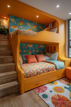 40 Unique Bunk Room Ideas for Kids' Spaces Colorful Bunk Beds, Creative Bunk Bed Ideas, Space Saving Bunk Bed Ideas, Aesthetic Bunk Bed, Unique Bunk Beds, Room With Bunk Beds, Calming Bedroom Colors, Bunk Room Ideas, Space Saving Bunk Bed