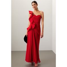 Red chiffon (100% Polyester). Ruffle gown. One shoulder. Sleeveless. 55.5" shoulder to hemline. Side zip closure. Imported. Evening Chiffon Maxi Dress With Ruffled Straps, Chiffon Maxi Dress With Ruffled Straps For Evening, Sleeveless Ruffled Gown For Cocktail, Sleeveless Chiffon Cocktail Gown, Draped Ruffle Maxi Dress For Gala, Sleeveless Ruffled Cocktail Gown, Formal Sleeveless Gown With Ruffles, Red Sleeveless Chiffon Dress For Formal Occasions, Sleeveless Chiffon Dress With Ruffles For Formal Events