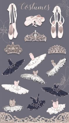 an assortment of different types of shoes and tiaras are shown in this graphic style