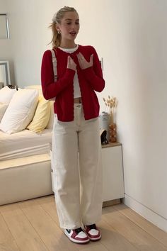 Winter outfit, red cardigen sweater, red dunks nike shoes, white straight leg pants, white top Red Top Outfit, Red Sweater Outfit, Red And White Outfits, White Pants Outfit, Casual Day Outfits, Modest Fashion Outfits, Outfit Inspo Fall, Inspiration Mode